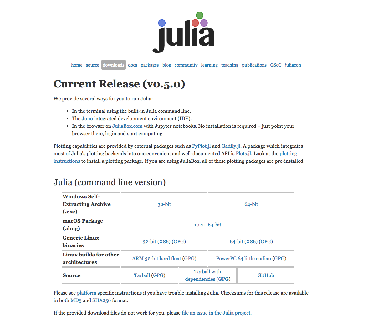 図1: Juliaダウンロードページ（画像は2016年9月30日時点のもの）